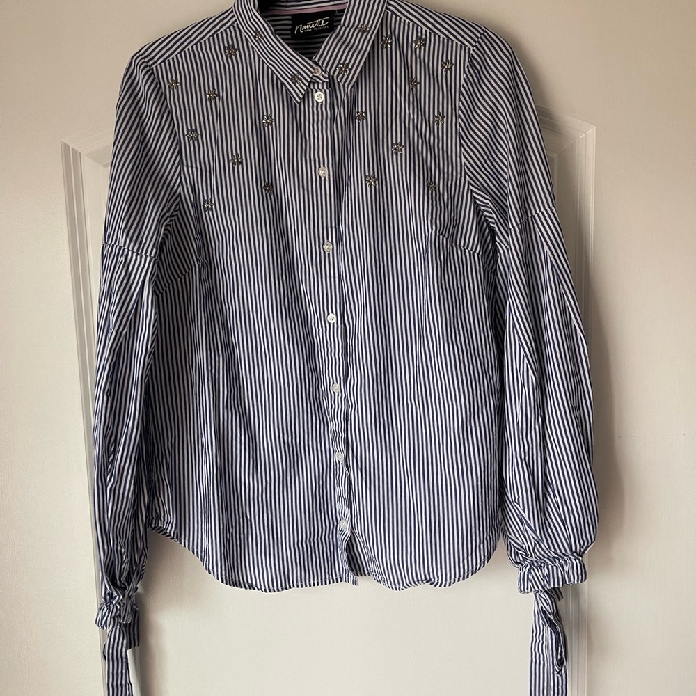 Nanette Lepore striped button up blouse with embellishments